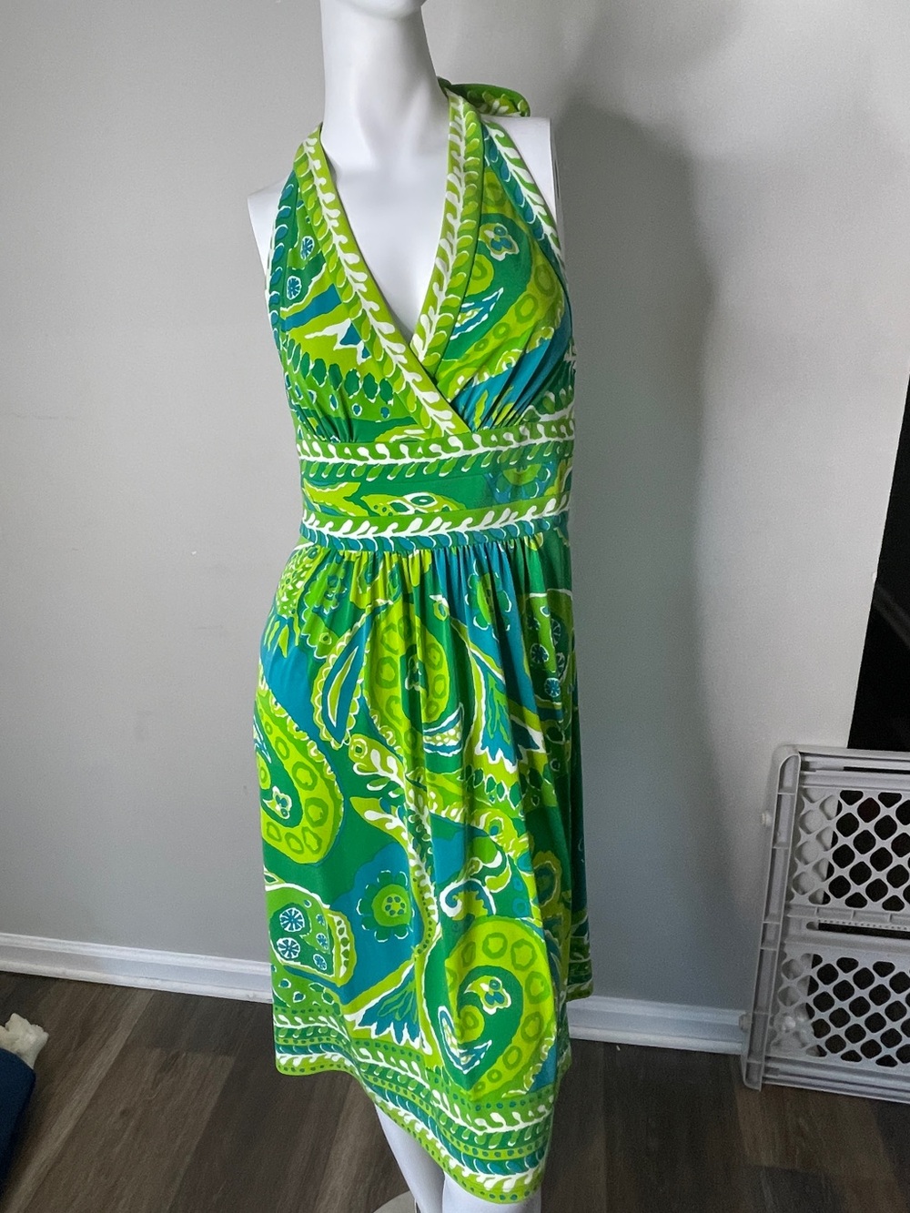 Jones New York Green Floral Paisley Halter Dress Empire Waist Backless Knees 4